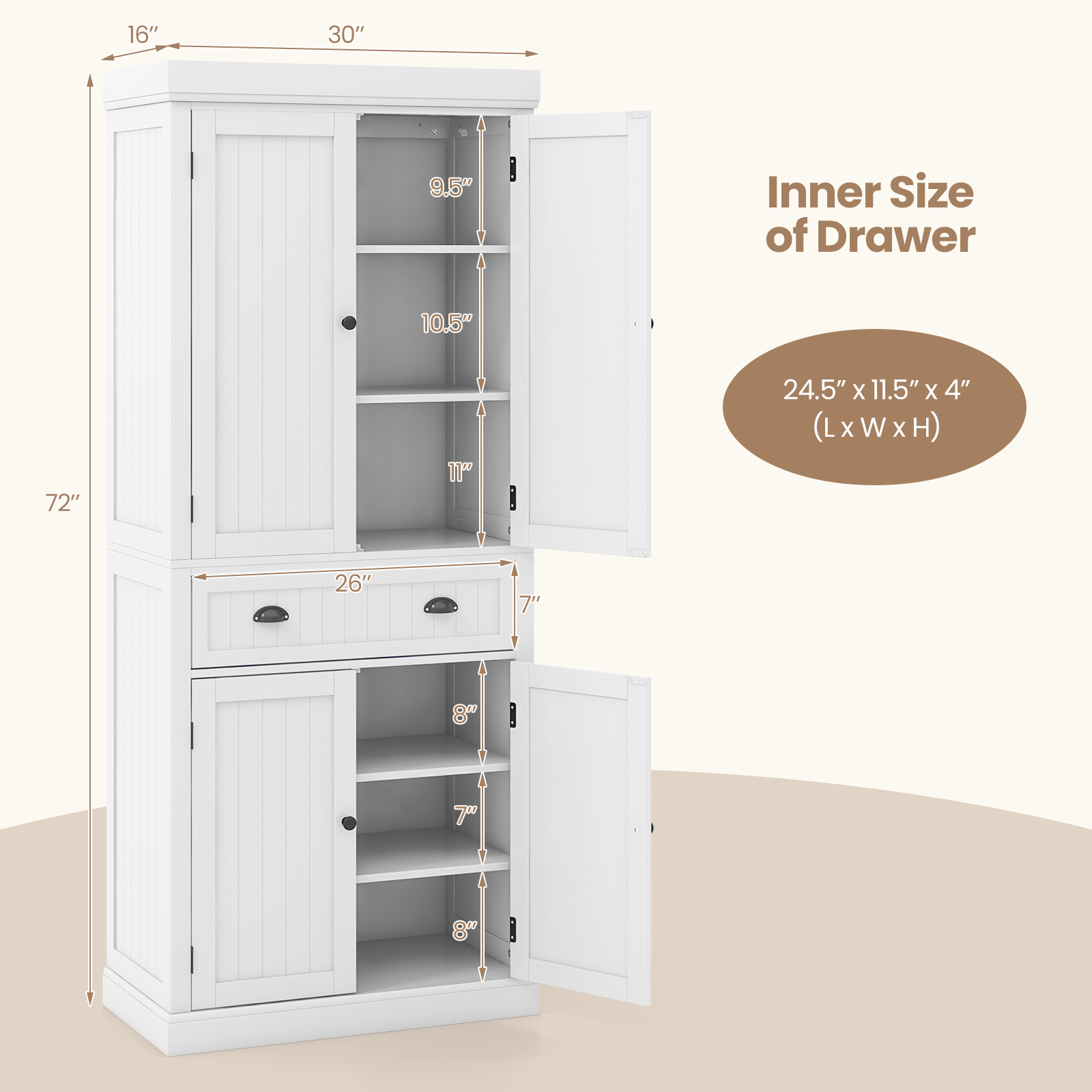 Kitchen Pantry Storage Cabinet with Doors Drawer and Adjustable Shelves-White - Image 4