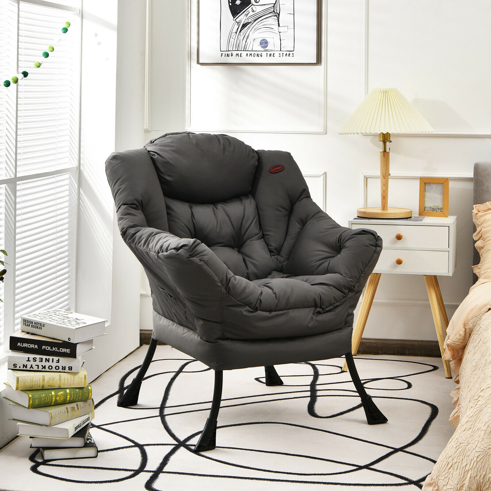 Modern Polyester Fabric Lazy Chair with Steel Frame and Side Pocket-Gray - Image 5