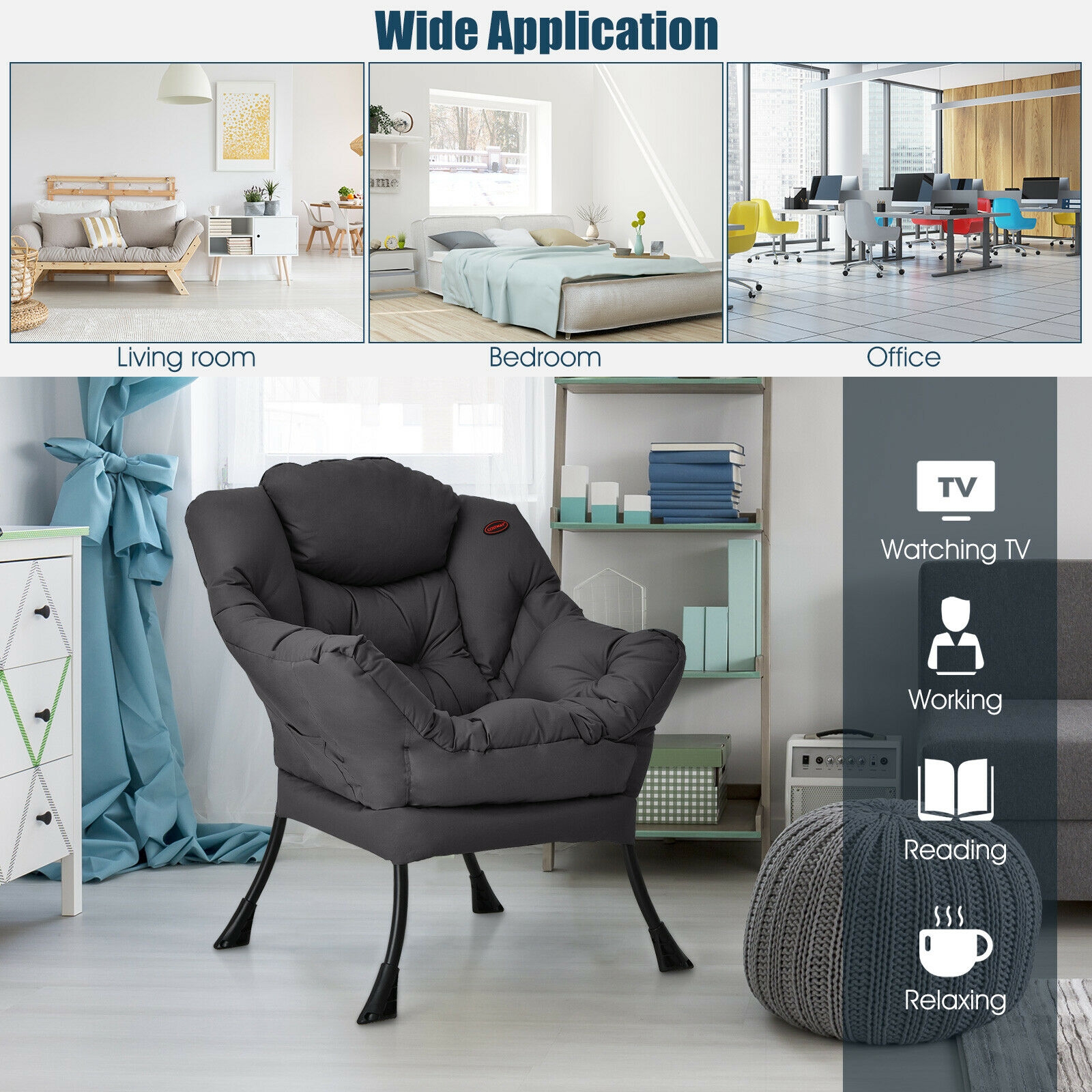 Modern Polyester Fabric Lazy Chair with Steel Frame and Side Pocket-Gray - Image 7