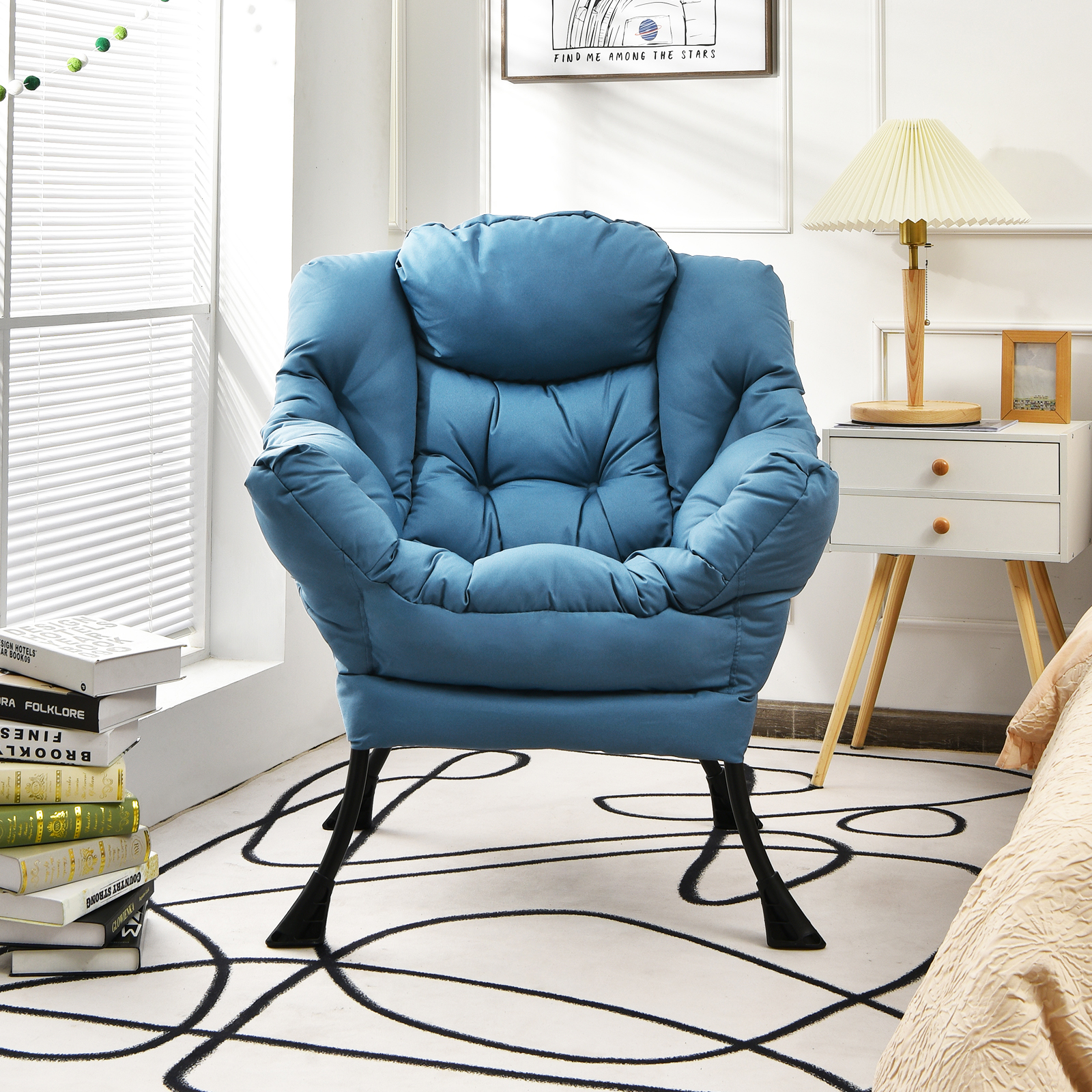 Modern Polyester Fabric Lazy Chair with Steel Frame and Side Pocket-Navy