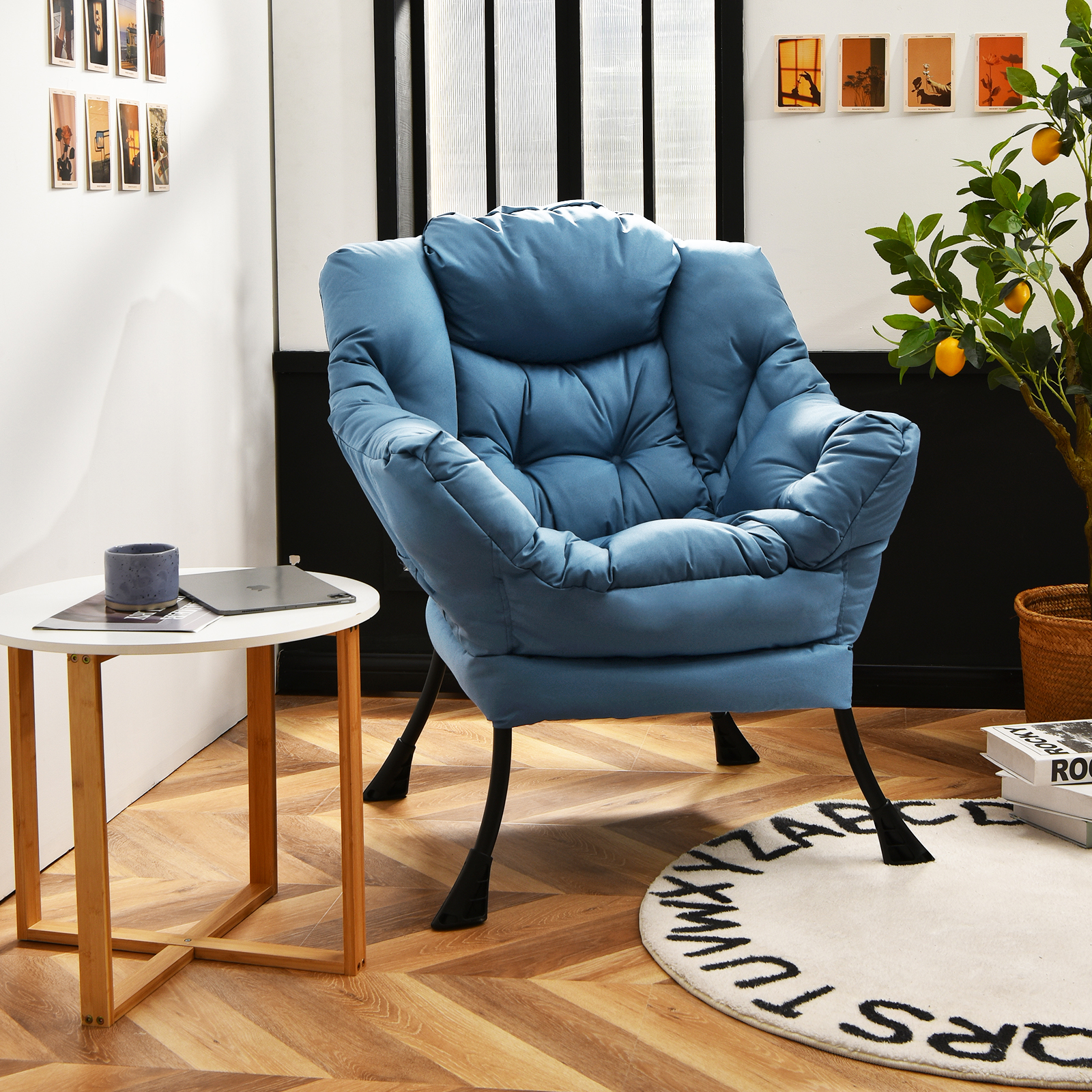 Modern Polyester Fabric Lazy Chair with Steel Frame and Side Pocket-Navy - Image 5