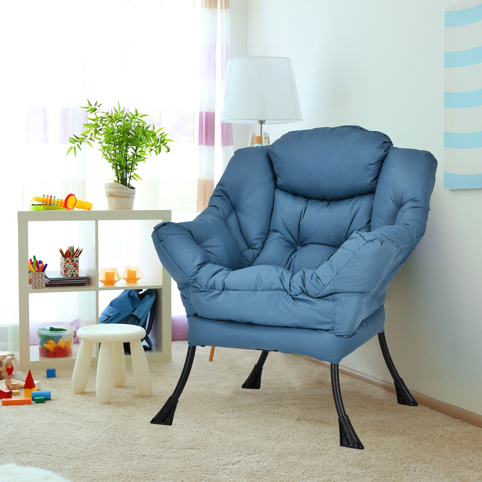 Modern Polyester Fabric Lazy Chair with Steel Frame and Side Pocket-Navy - Image 6