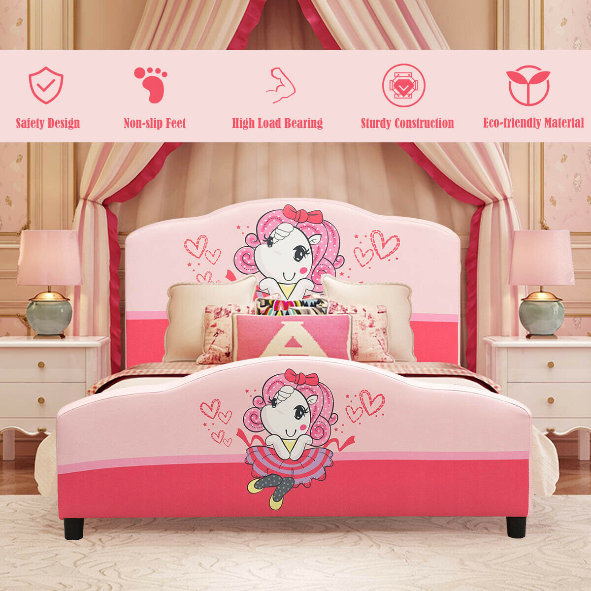 Kids Children Upholstered Platform Toddler Girl Pattern Bed - Image 5