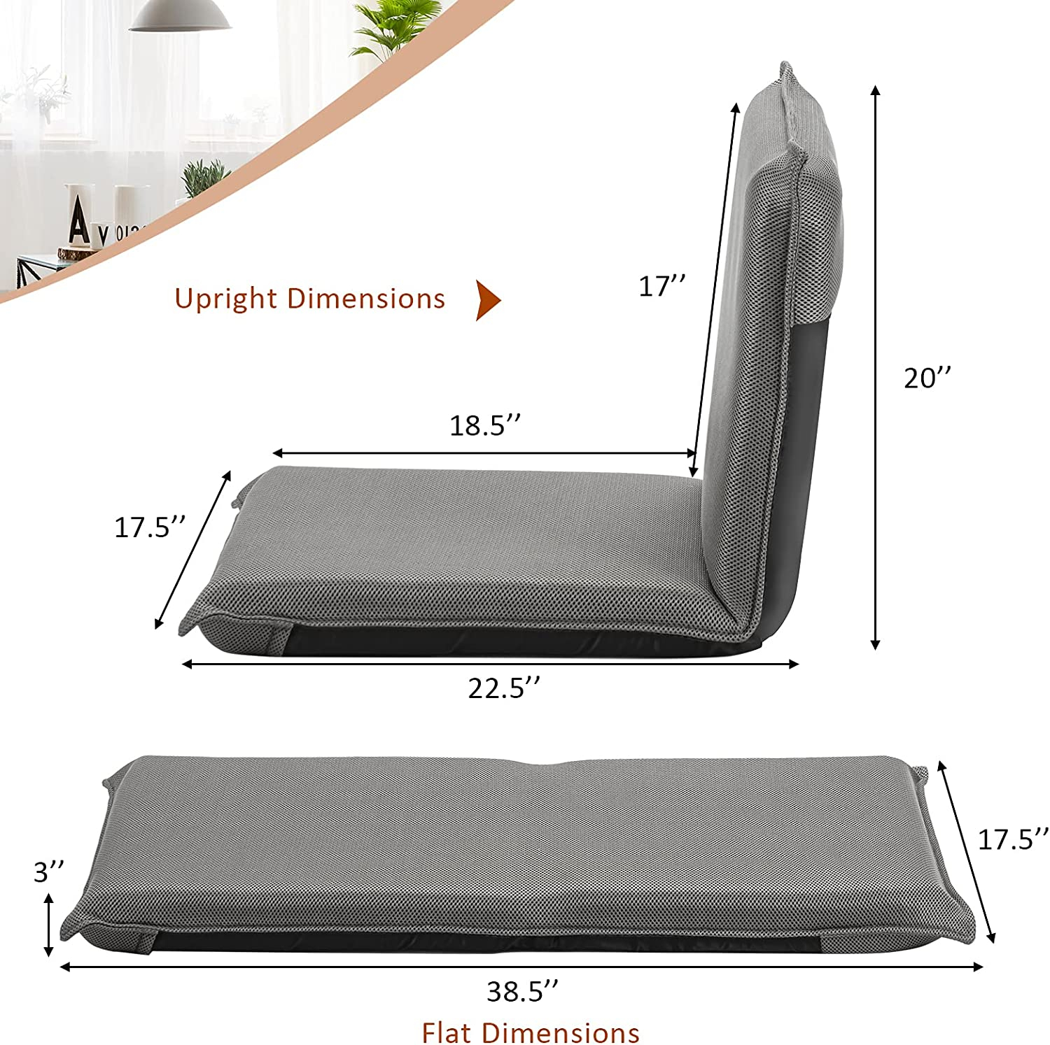 Adjustable 6 positions Folding Lazy Man Sofa Chair Floor Chair-Gray - Image 4