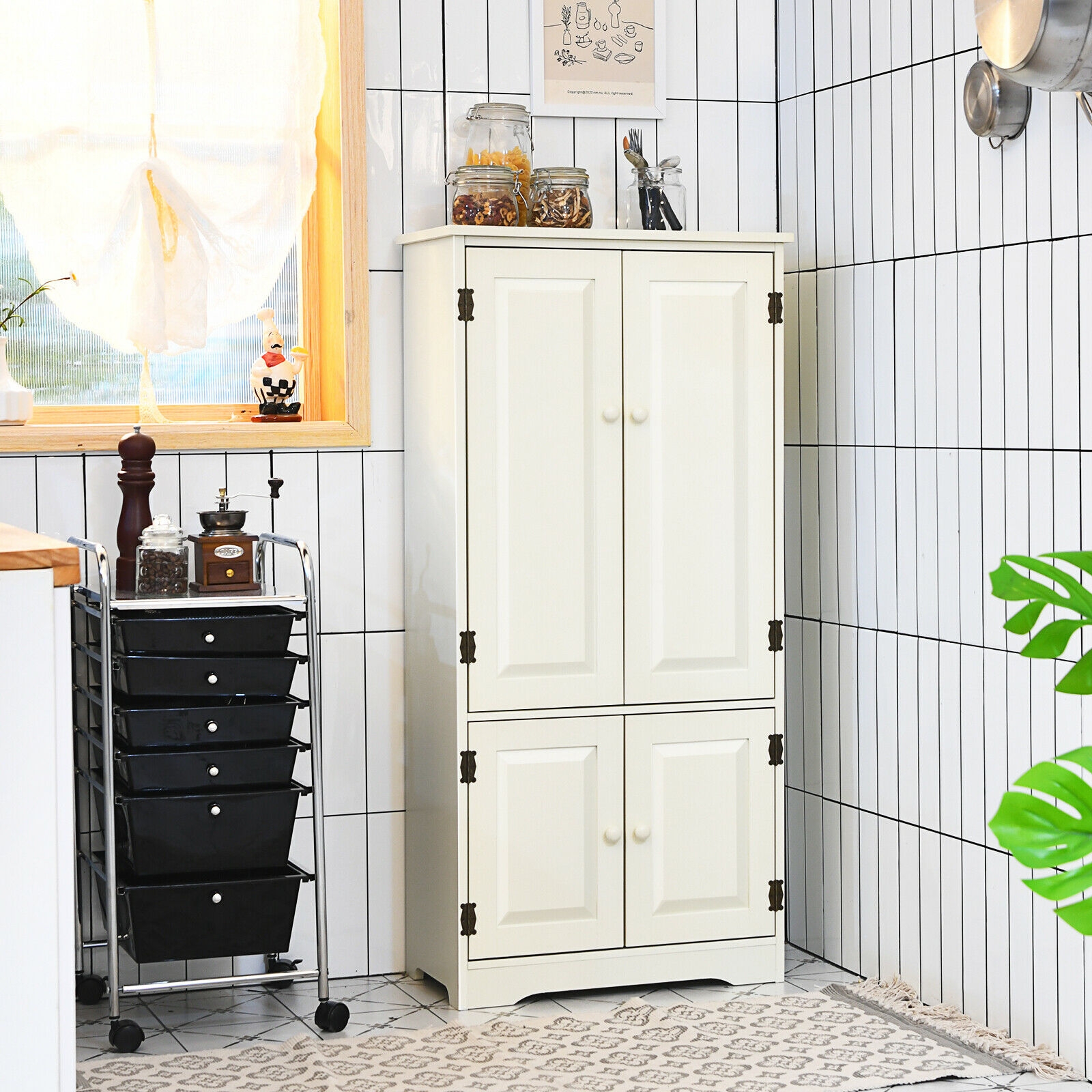 Accent Floor Storage Cabinet with Adjustable Shelves Antique 2-Door-Cream White - Image 5
