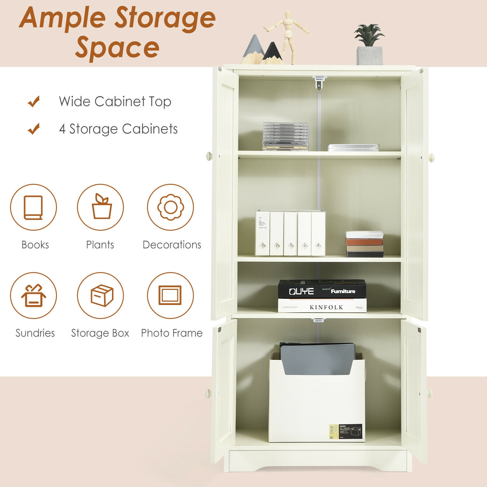 Accent Floor Storage Cabinet with Adjustable Shelves Antique 2-Door-Cream White - Image 7