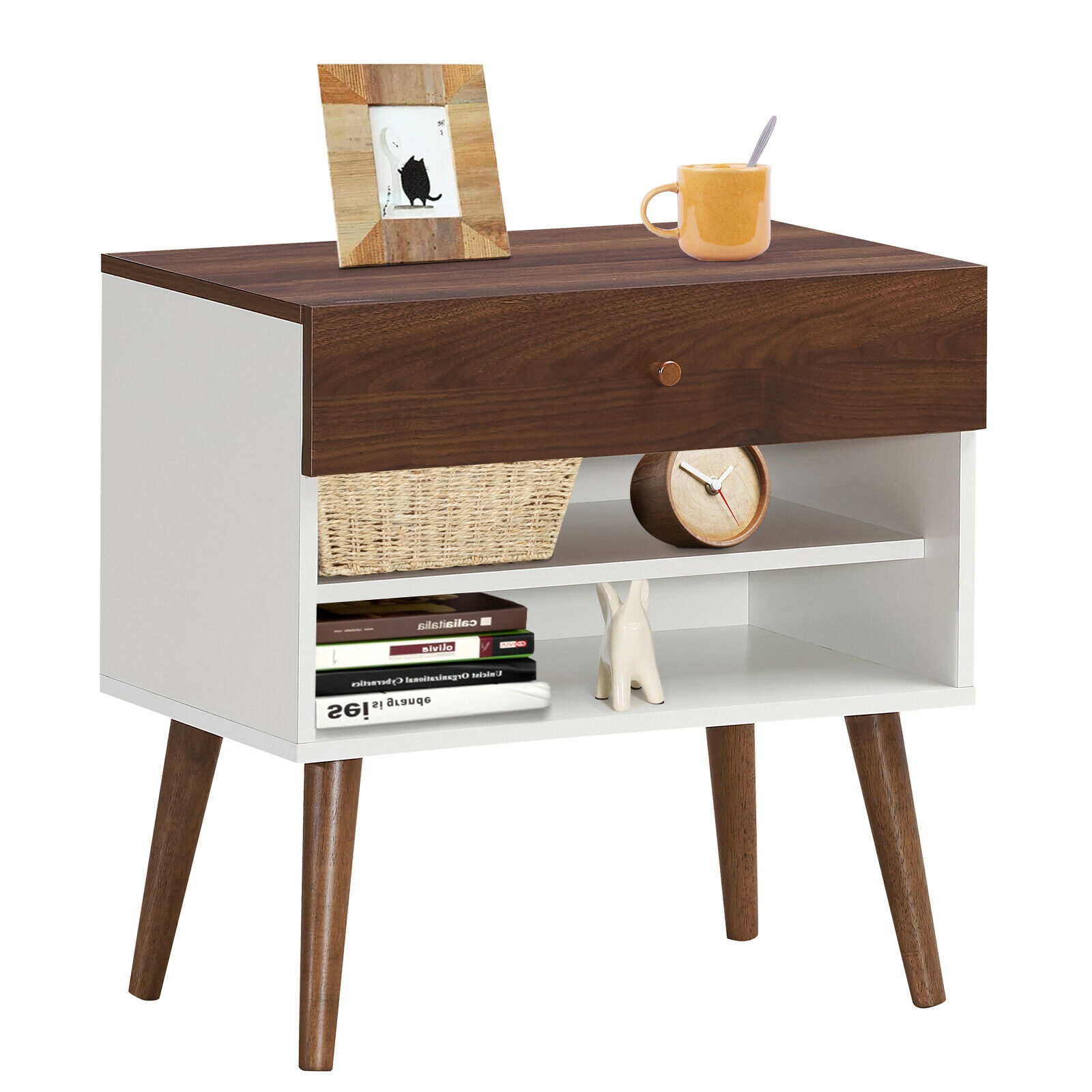 Mid-Century Nightstand with Drawer and Rubber Wood Legs - Image 3