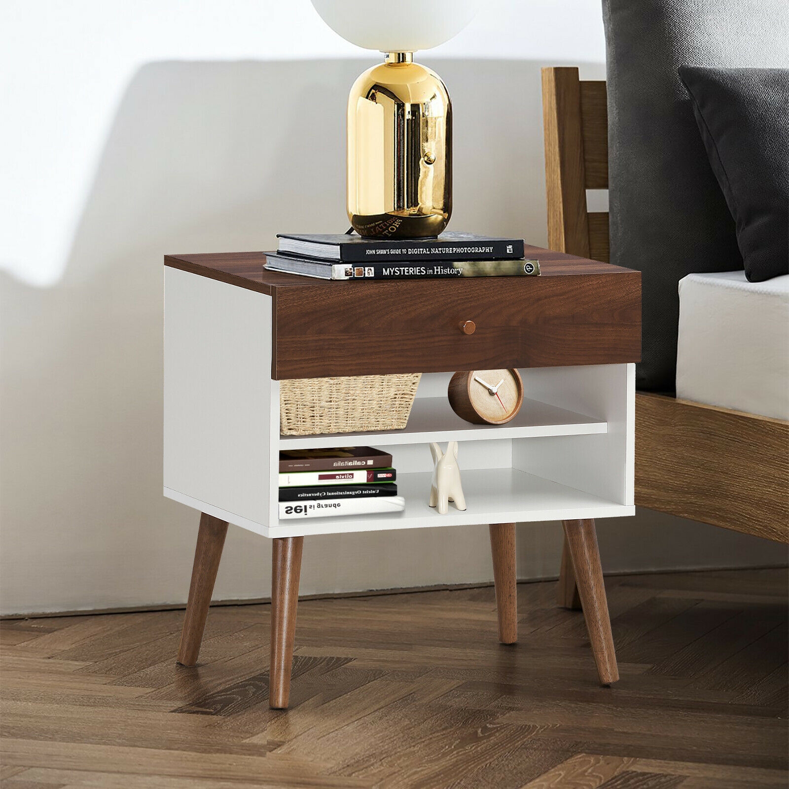 Mid-Century Nightstand with Drawer and Rubber Wood Legs - Image 5