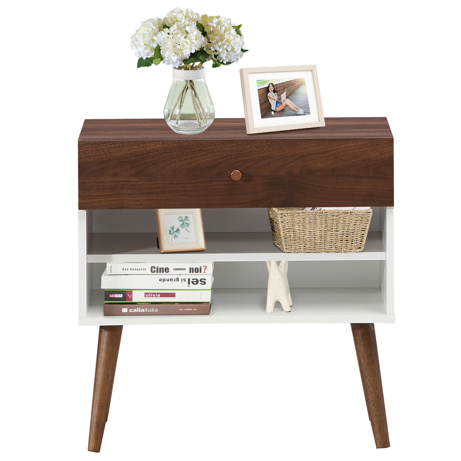 Mid-Century Nightstand with Drawer and Rubber Wood Legs - Image 6