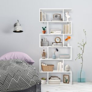6 Tier S-Shaped Bookshelf Storage Display Bookcase Decor Z-Shelf-White