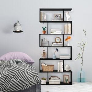 6 Tier S-Shaped Bookshelf Storage Display Bookcase Decor Z-Shelf-Black