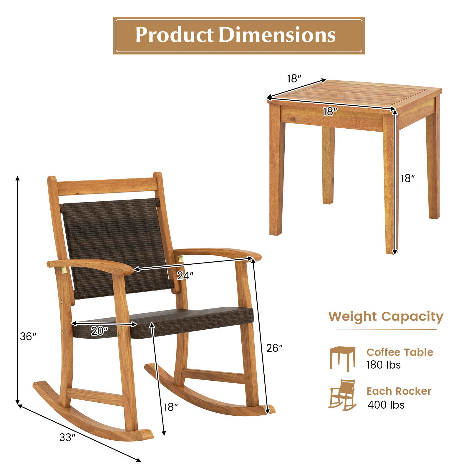 3 Pieces Acacia Wood Patio Rocking Chair Set with Side Table - Image 4