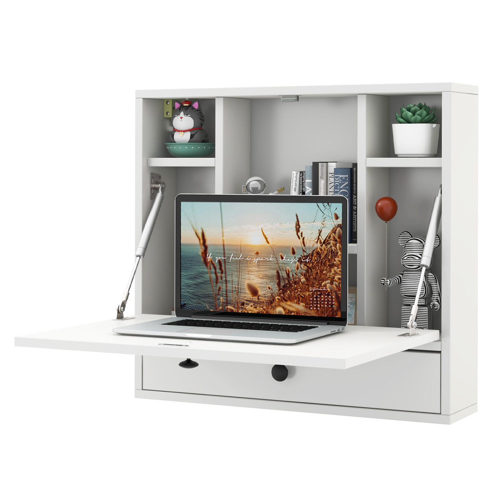 Wall-Mount Floating Desk Foldable Space Saving Laptop Workstation White - Image 2