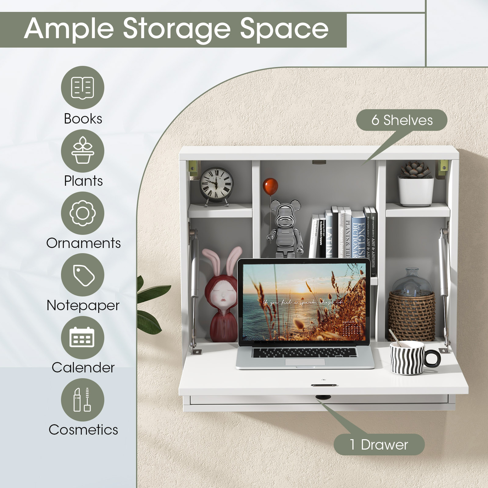 Wall-Mount Floating Desk Foldable Space Saving Laptop Workstation White - Image 7