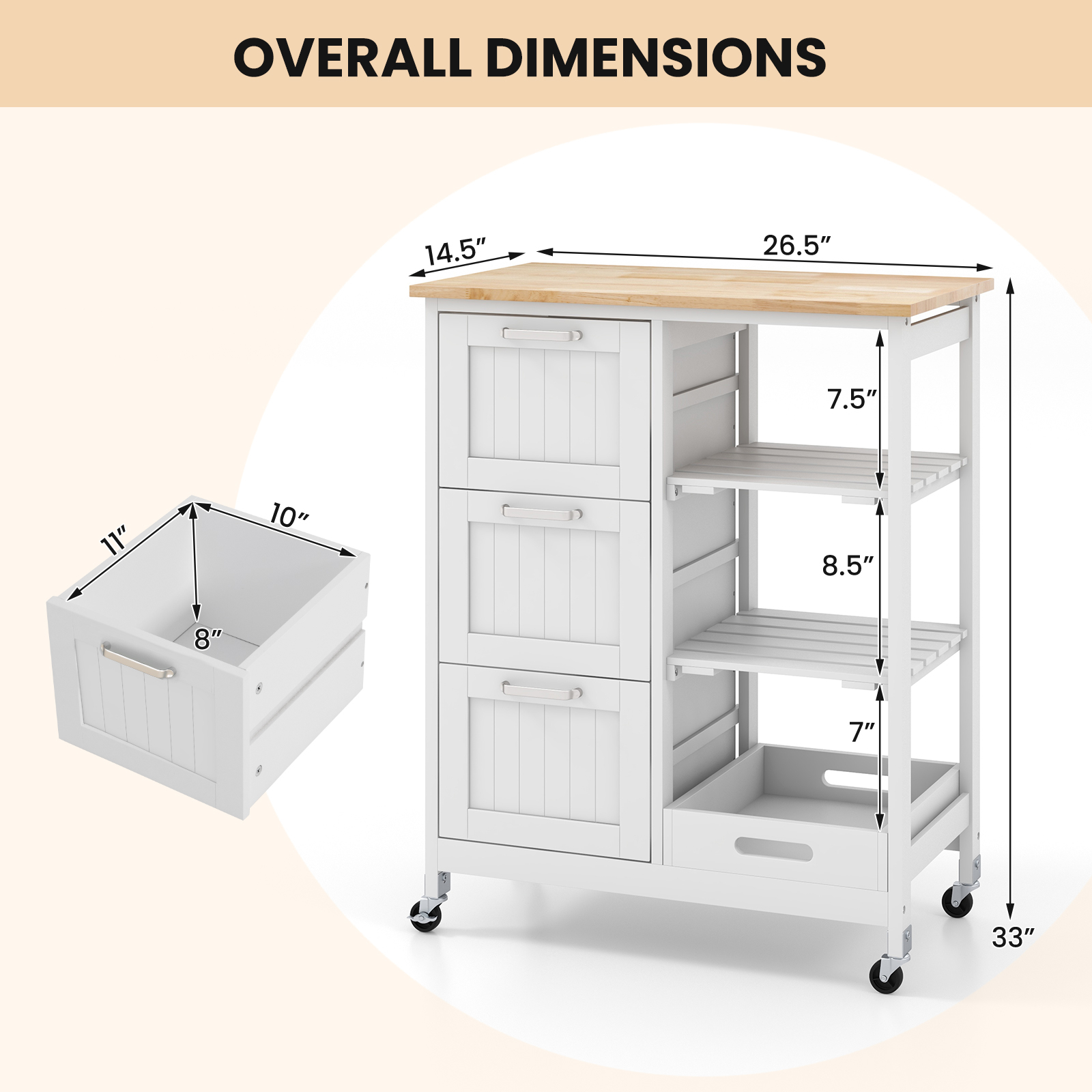 Rolling Kitchen Island Utility Storage Cart-White - Image 4