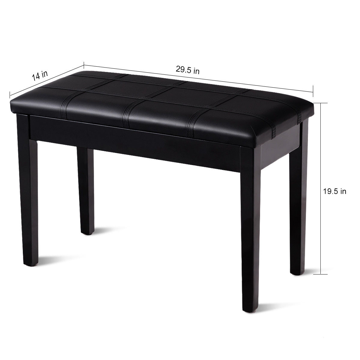 Solid Wood PU Leather Piano Double Duet Keyboard Bench-Black - Image 3