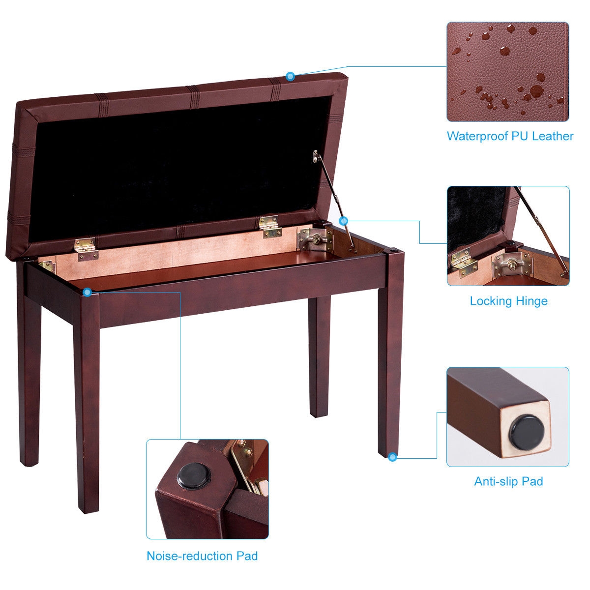 Solid Wood PU Leather Piano Double Duet Keyboard Bench-Brown - Image 4