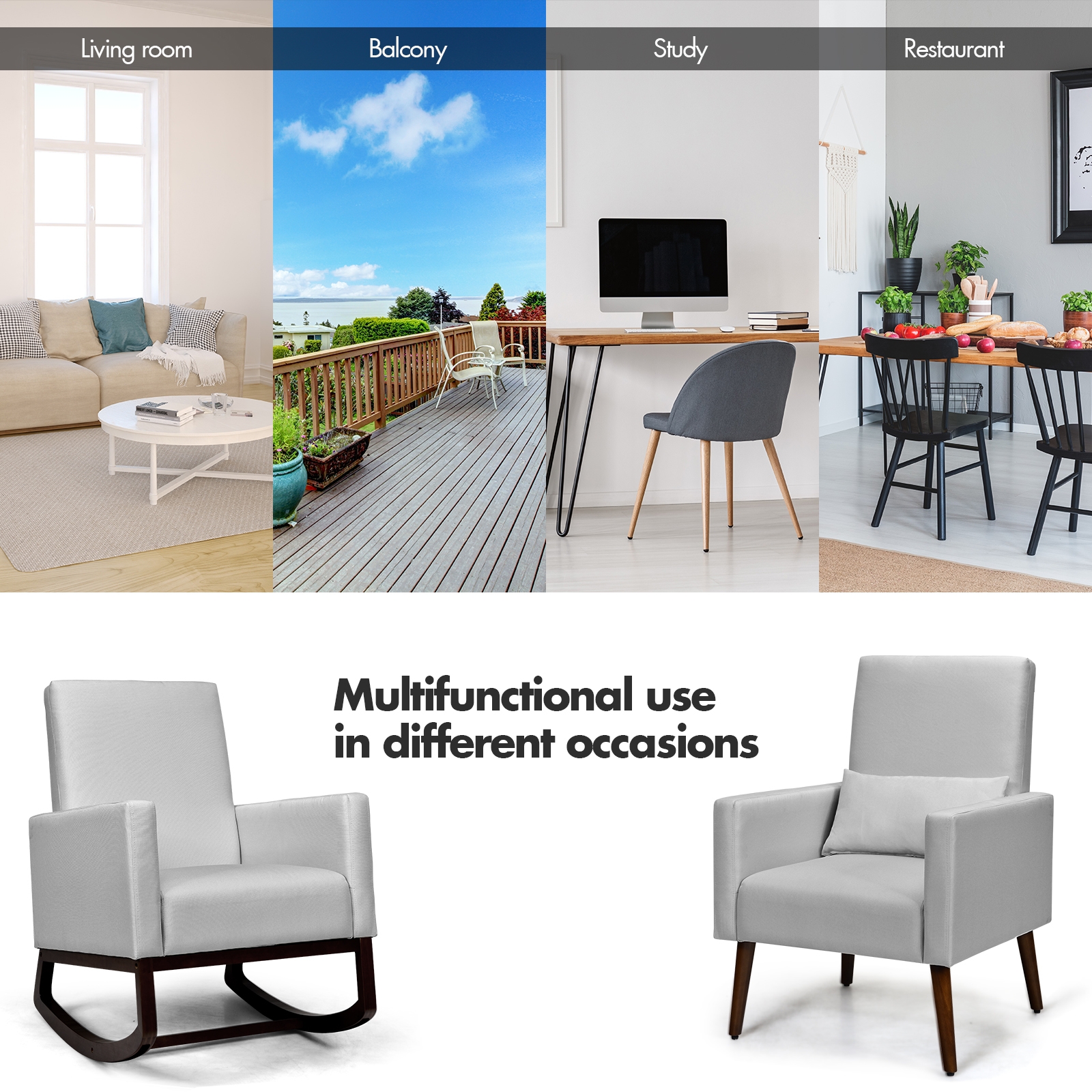 2-in-1 Fabric Upholstered Rocking Chair with Pillow-Light Gray - Image 5