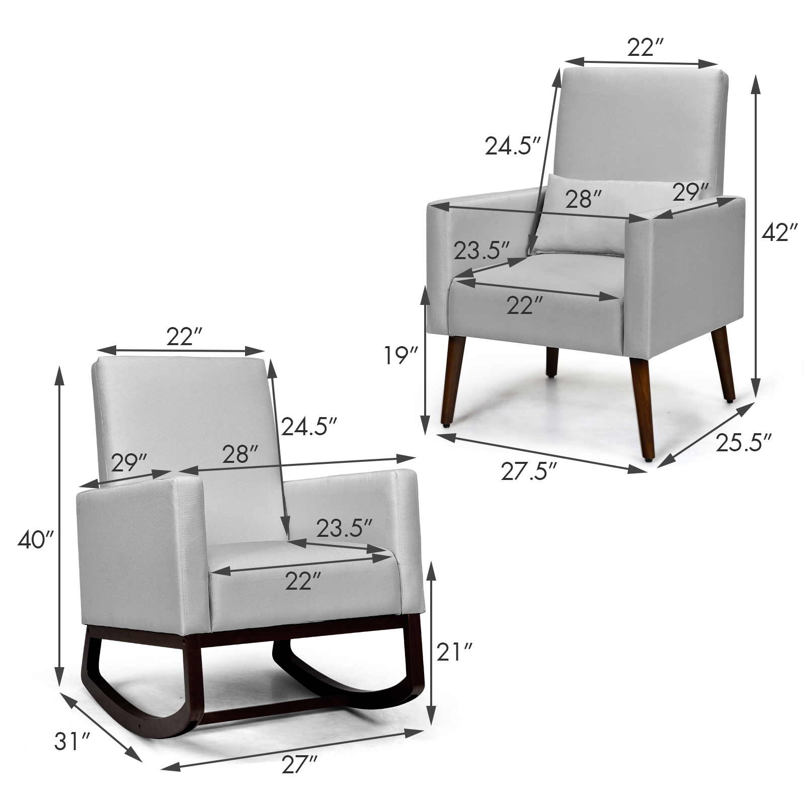 2-in-1 Fabric Upholstered Rocking Chair with Pillow-Light Gray - Image 4
