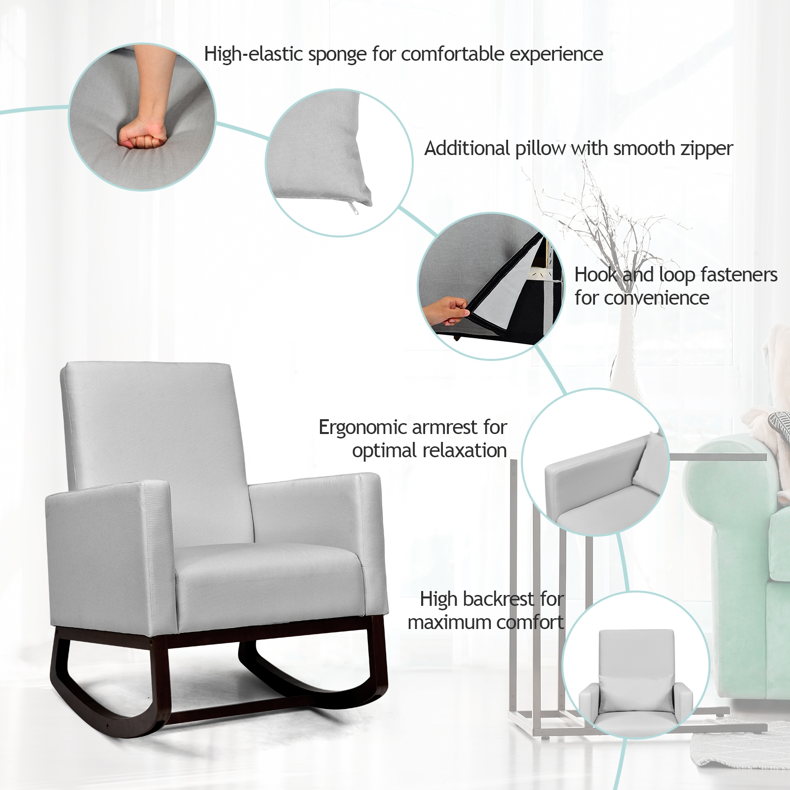 2-in-1 Fabric Upholstered Rocking Chair with Pillow-Light Gray - Image 6