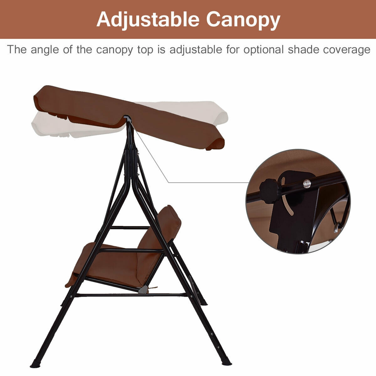Loveseat Cushioned Patio Steel Frame Swing Glider-Coffee - Image 5