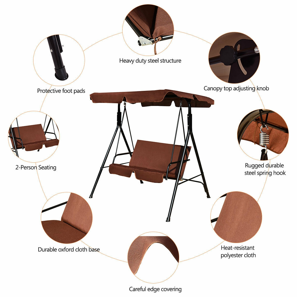 Loveseat Cushioned Patio Steel Frame Swing Glider-Coffee - Image 4