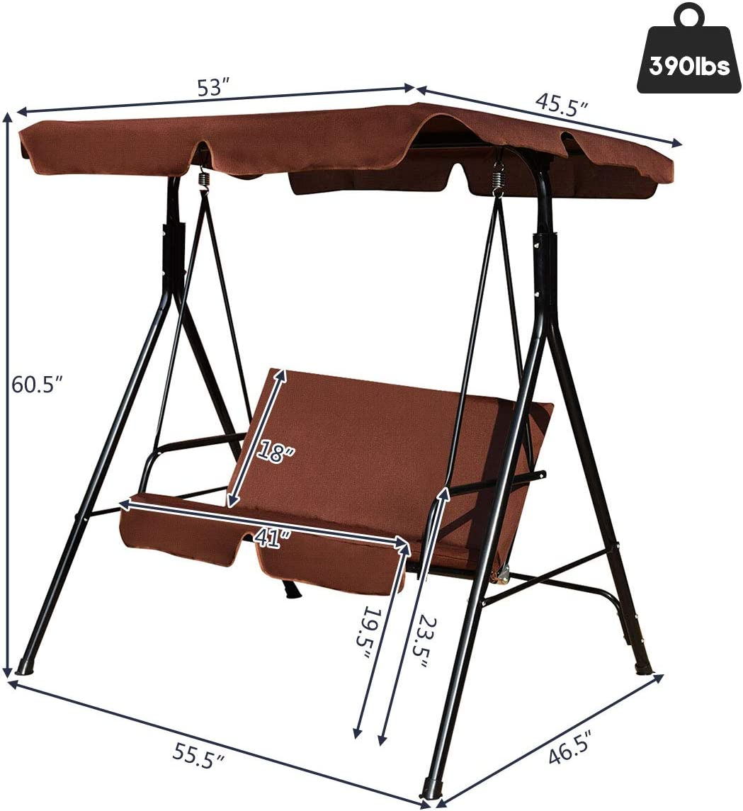 Loveseat Cushioned Patio Steel Frame Swing Glider-Coffee - Image 3