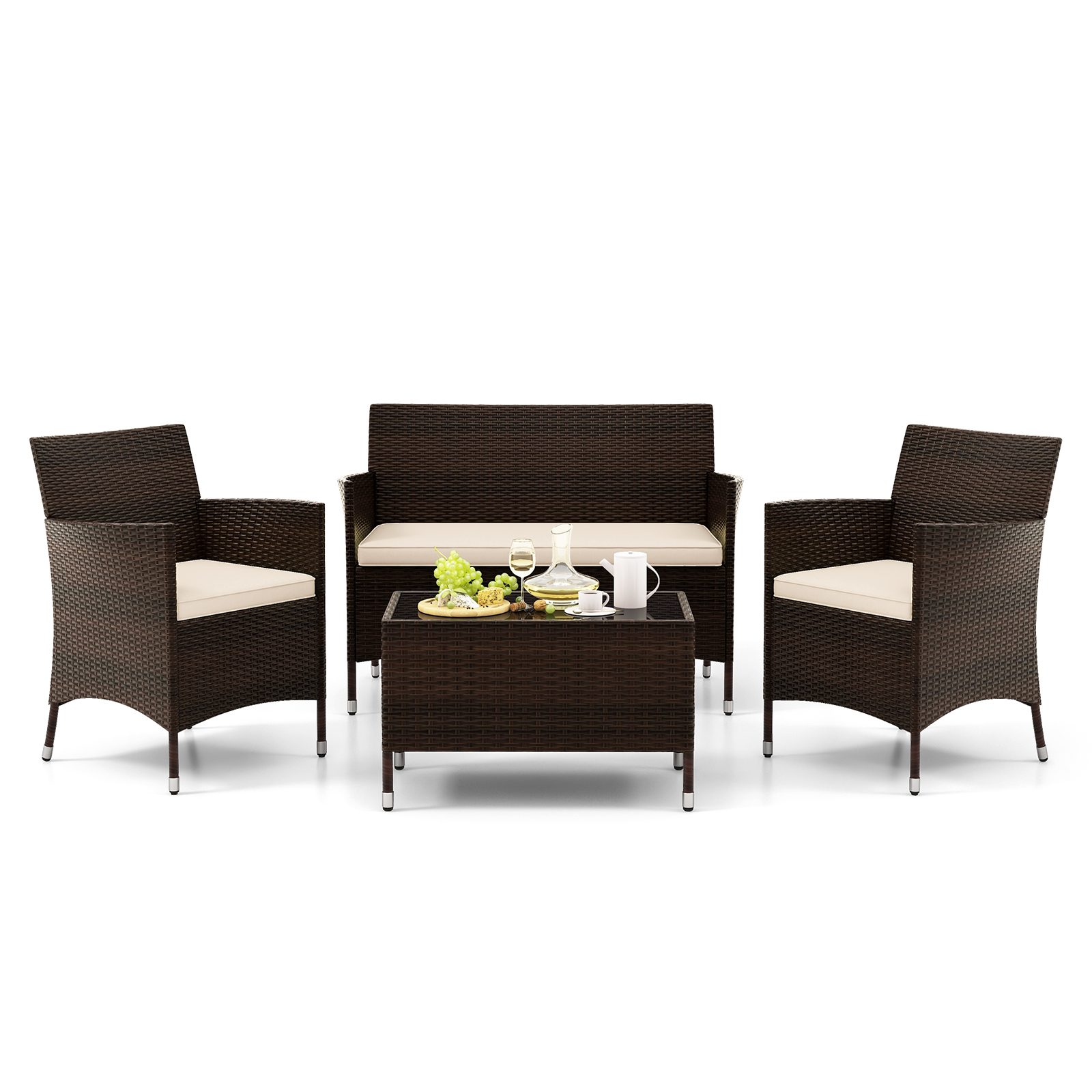 4 Pieces Comfortable Outdoor Rattan Sofa Set with Glass Coffee Table-Light Brown - Image 2