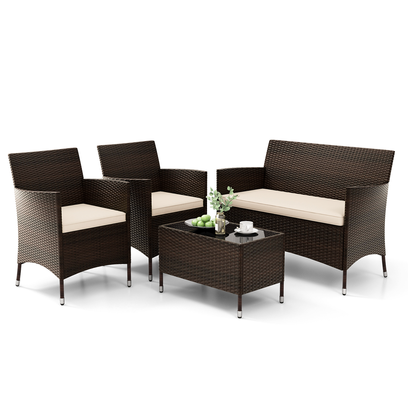 4 Pieces Comfortable Outdoor Rattan Sofa Set with Glass Coffee Table-Light Brown - Image 3