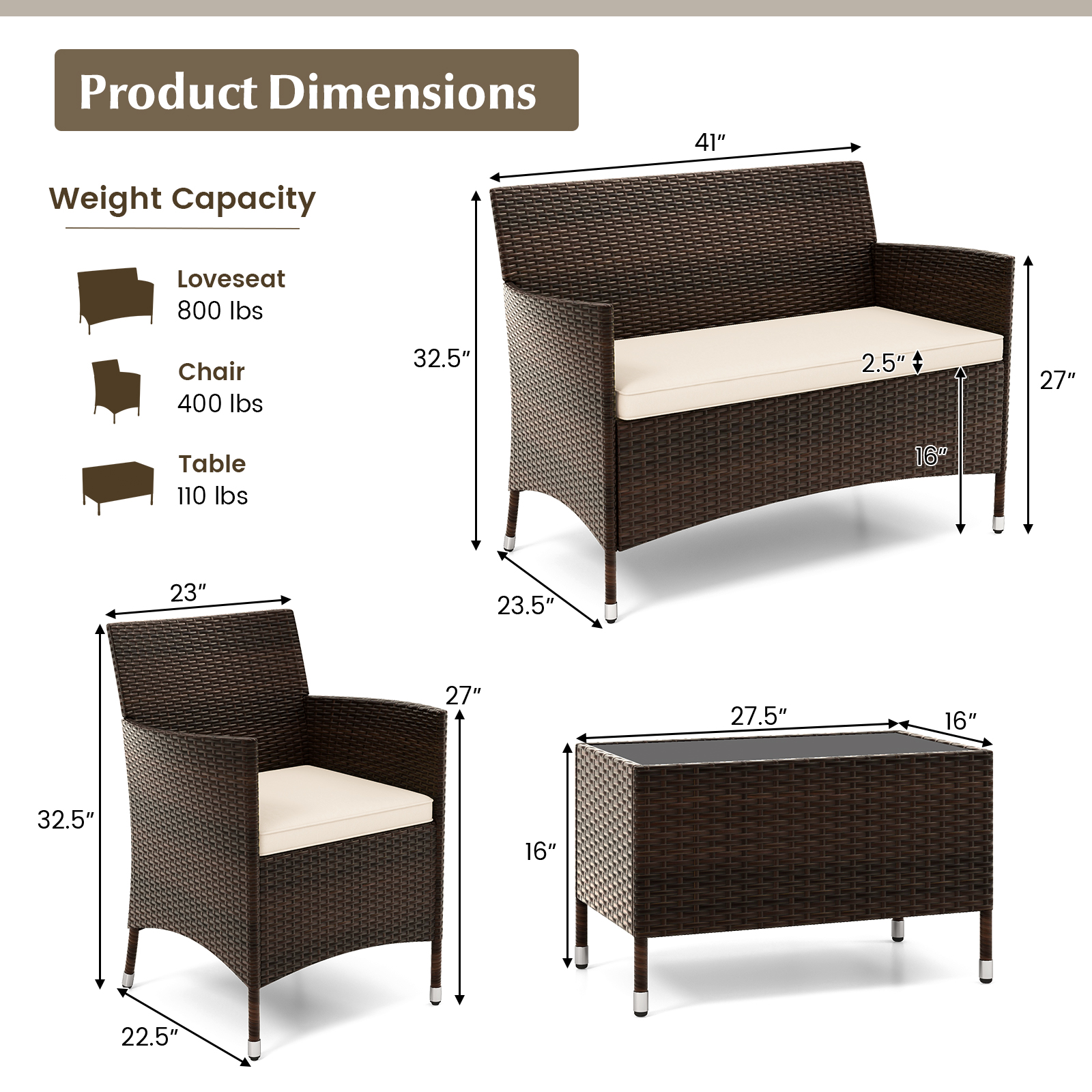 4 Pieces Comfortable Outdoor Rattan Sofa Set with Glass Coffee Table-Light Brown - Image 4