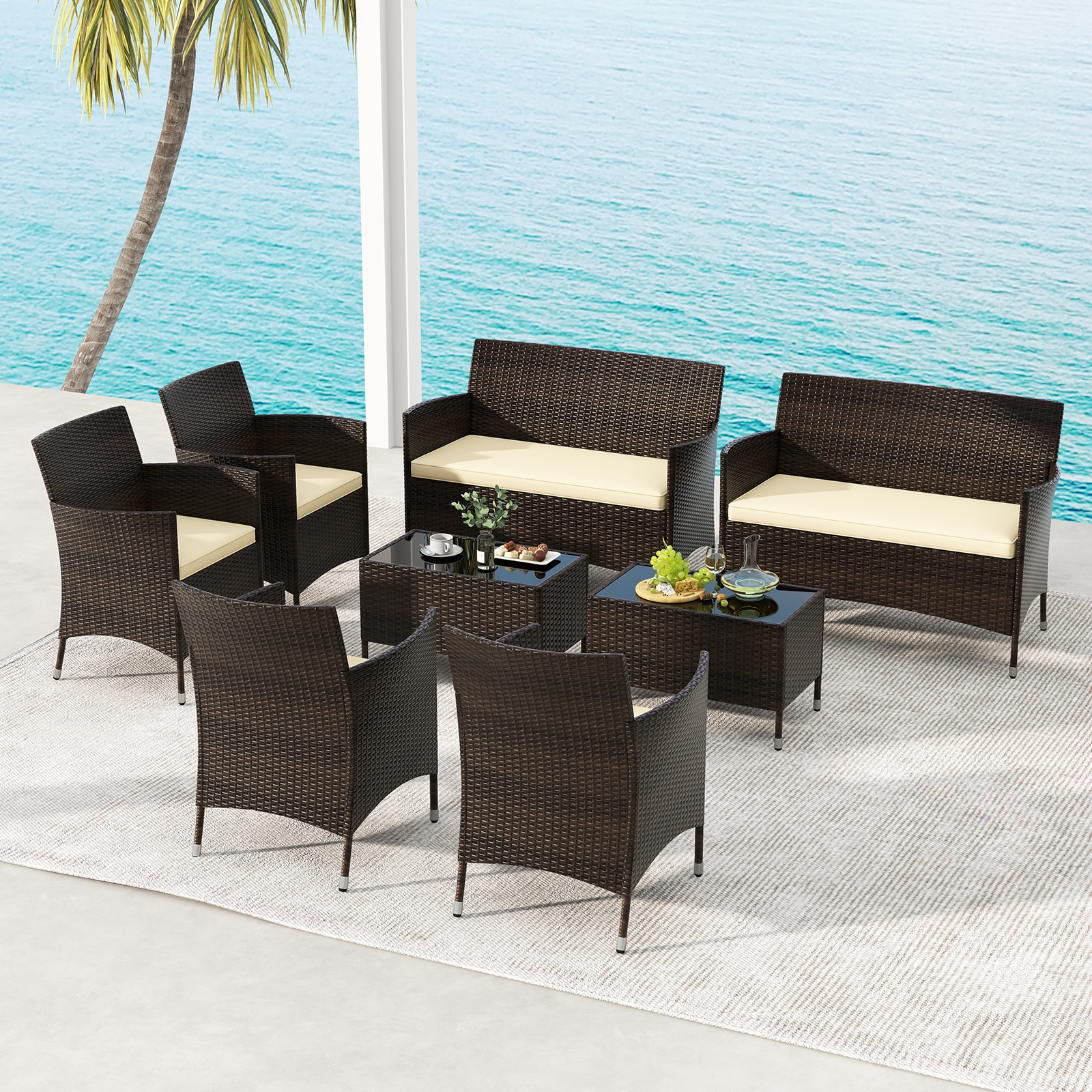 4 Pieces Comfortable Outdoor Rattan Sofa Set with Glass Coffee Table-Light Brown - Image 5