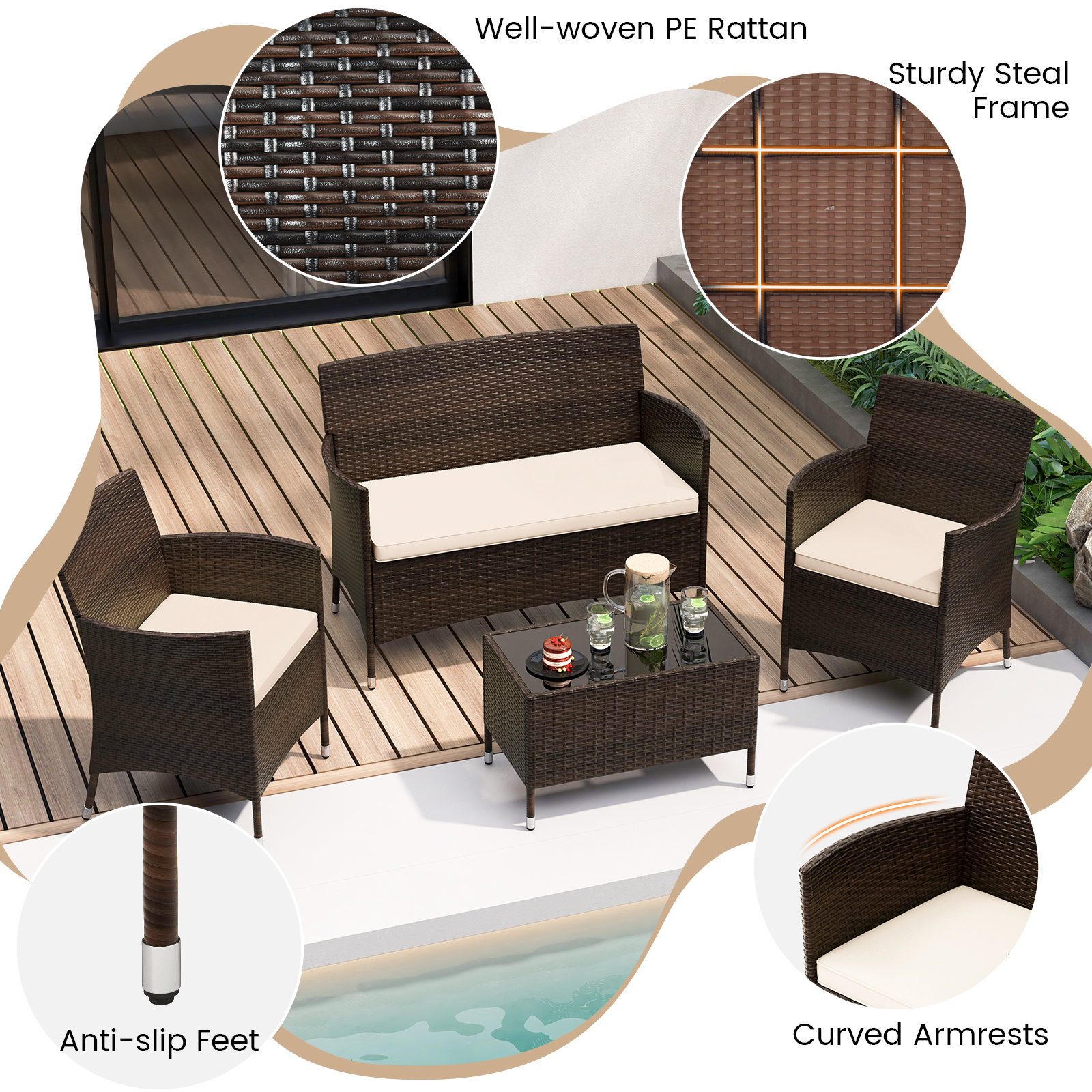 4 Pieces Comfortable Outdoor Rattan Sofa Set with Glass Coffee Table-Light Brown - Image 6