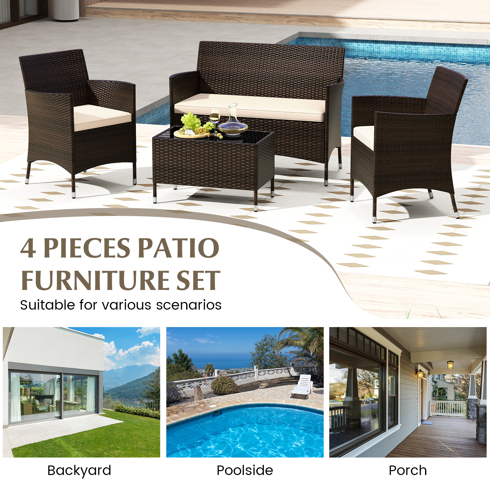 4 Pieces Comfortable Outdoor Rattan Sofa Set with Glass Coffee Table-Light Brown - Image 7