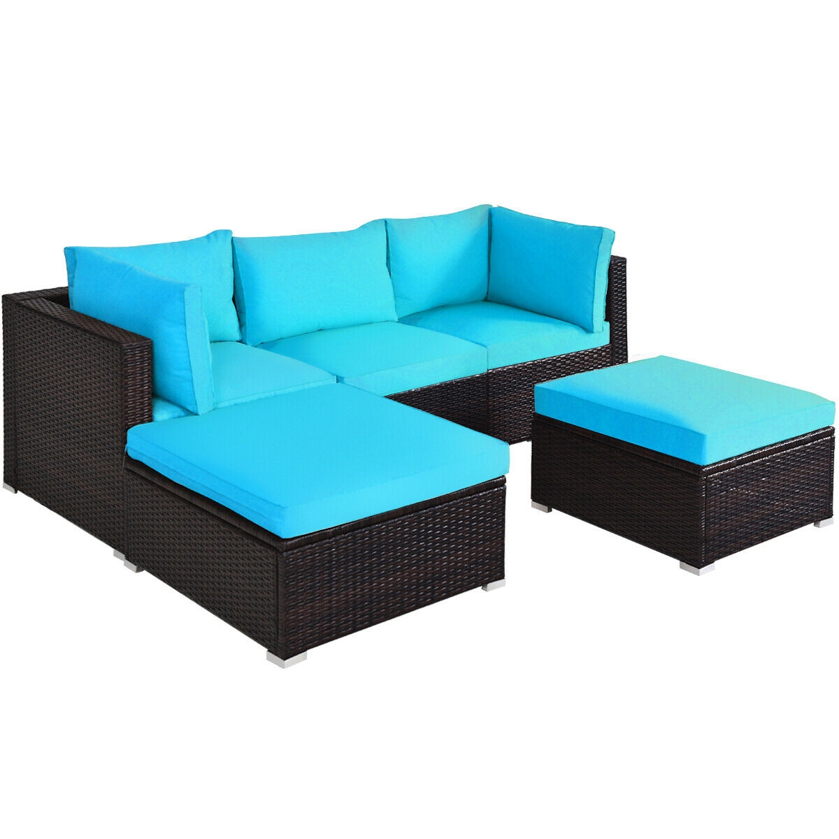 5 Pieces Patio Rattan Sectional Conversation Ottoman Furniture Set-Blue - Image 2