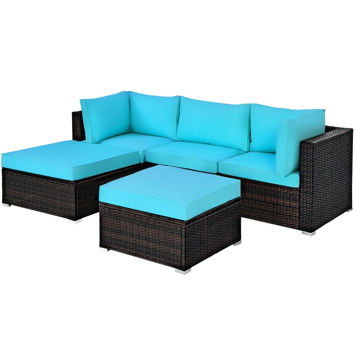 5 Pieces Patio Rattan Sectional Conversation Ottoman Furniture Set-Blue - Image 3