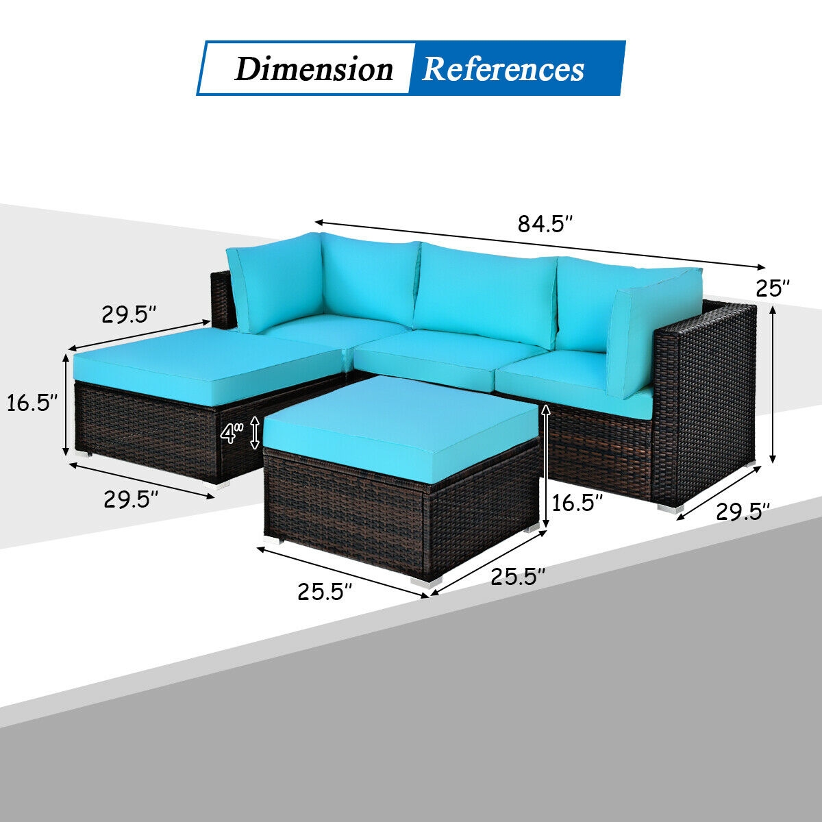 5 Pieces Patio Rattan Sectional Conversation Ottoman Furniture Set-Blue - Image 4