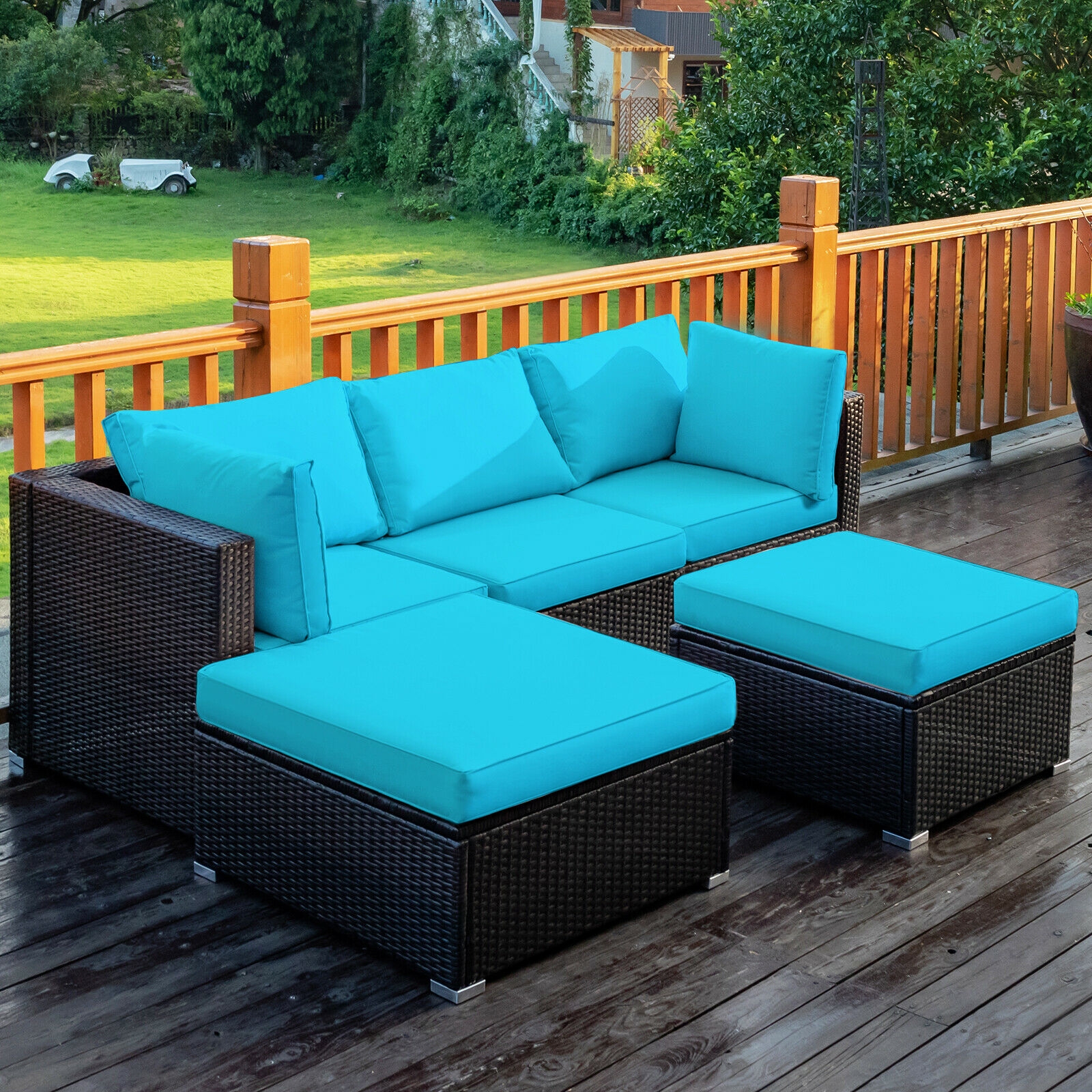 5 Pieces Patio Rattan Sectional Conversation Ottoman Furniture Set-Blue - Image 7