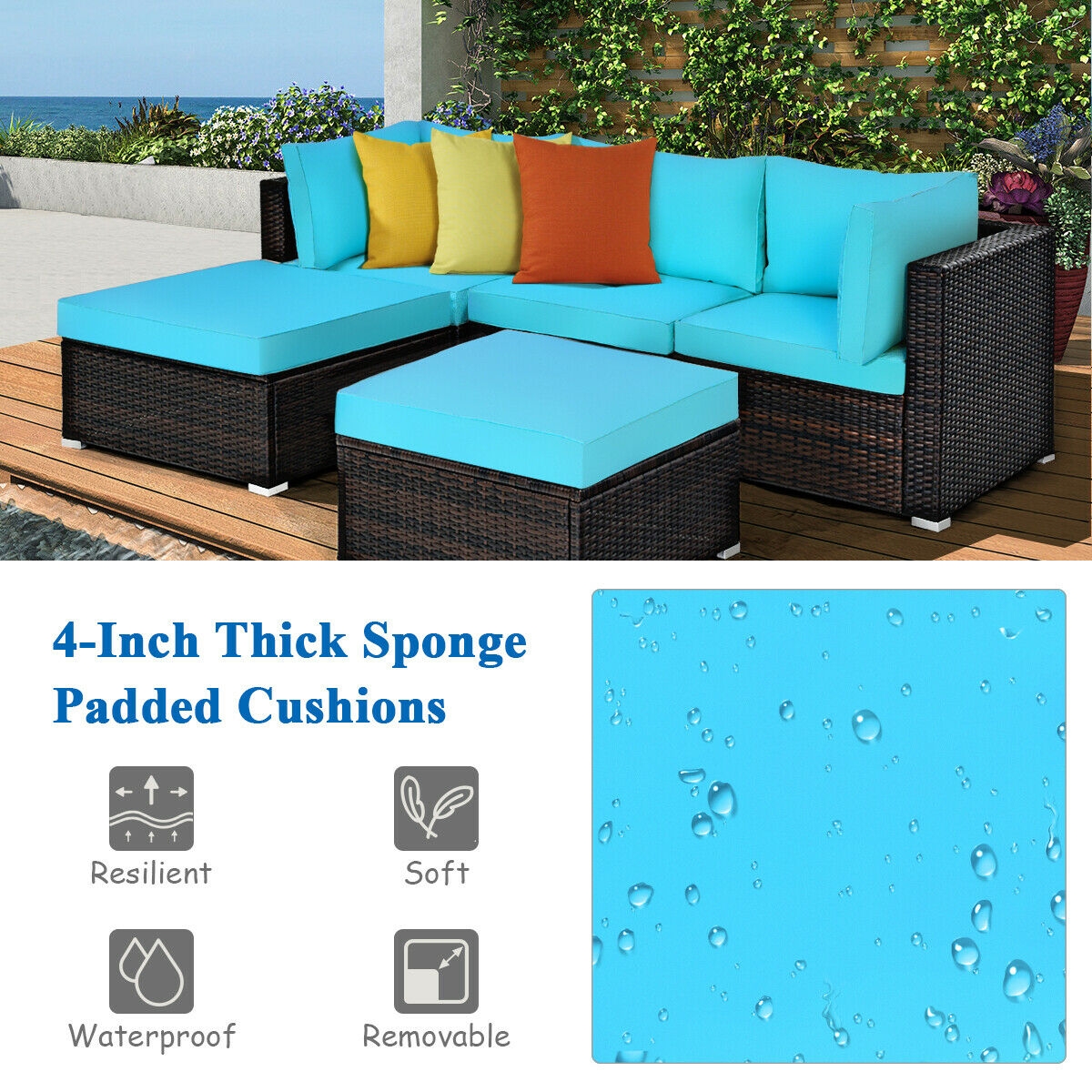 5 Pieces Patio Rattan Sectional Conversation Ottoman Furniture Set-Blue - Image 5