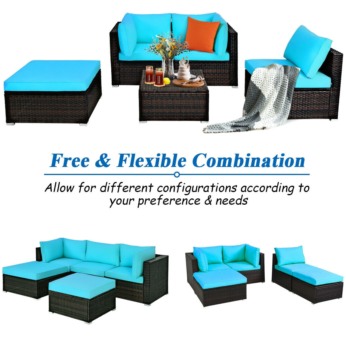 5 Pieces Patio Rattan Sectional Conversation Ottoman Furniture Set-Blue - Image 6