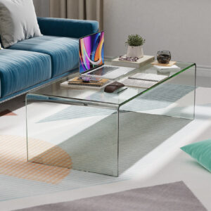 40 x 19.5 x 13.5 Inch Glass Coffee Table with Rounded Edges for Living Room
