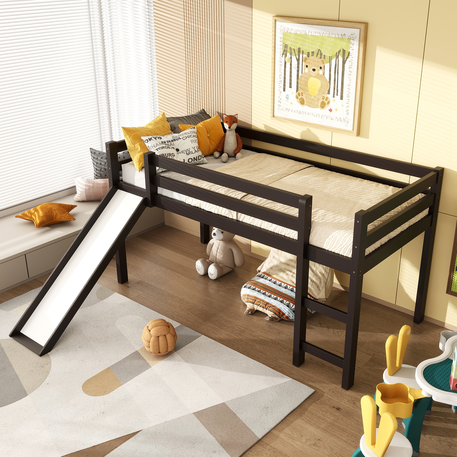 Twin Size Low Sturdy Loft Bed with Slide Wood -Dark Brown - Image 4