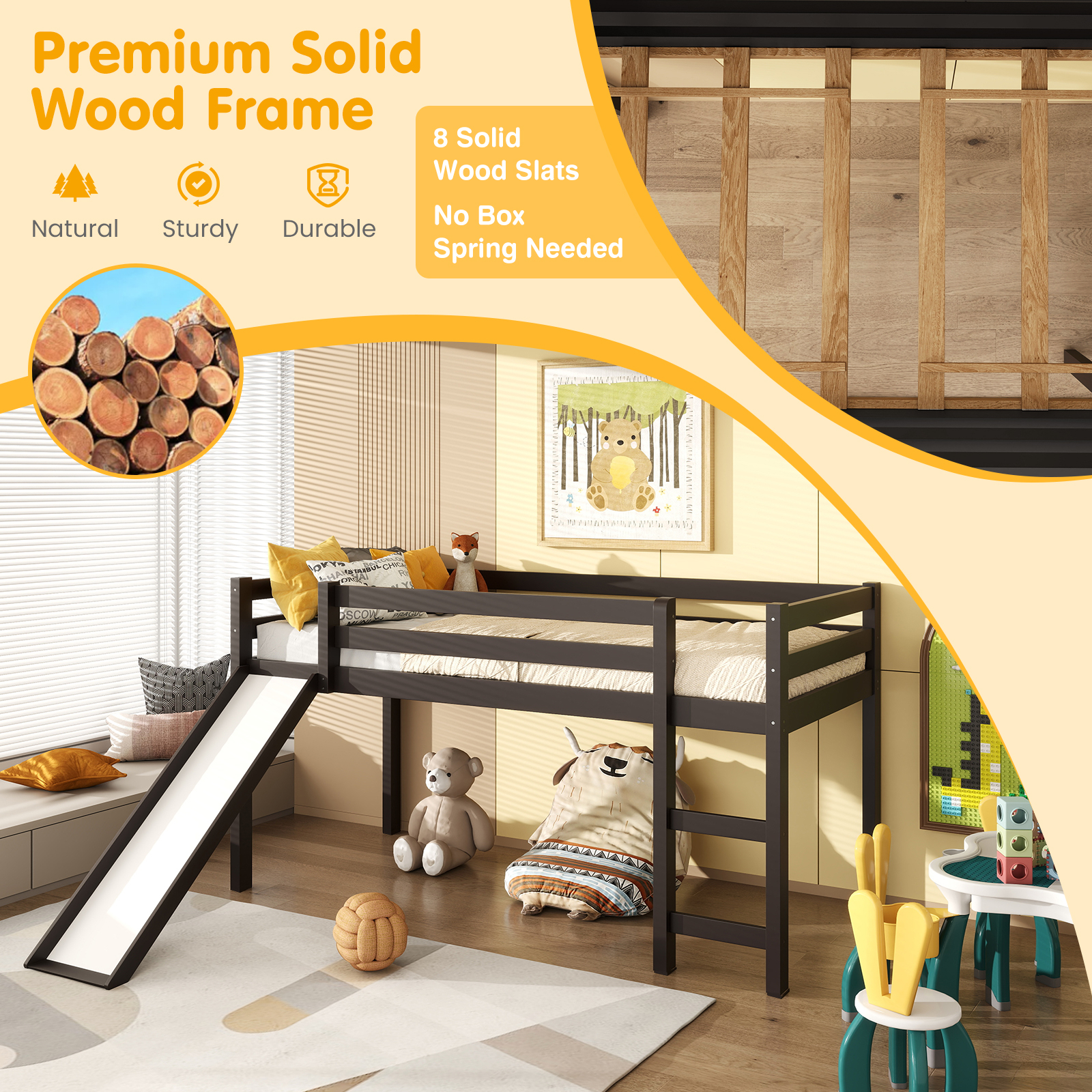 Twin Size Low Sturdy Loft Bed with Slide Wood -Dark Brown - Image 5