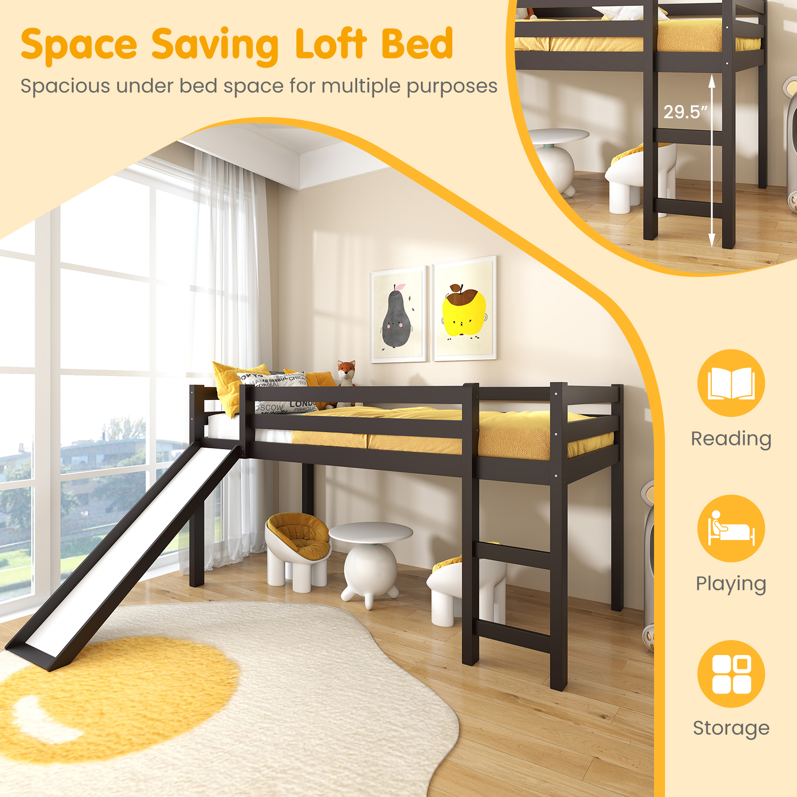 Twin Size Low Sturdy Loft Bed with Slide Wood -Dark Brown - Image 6