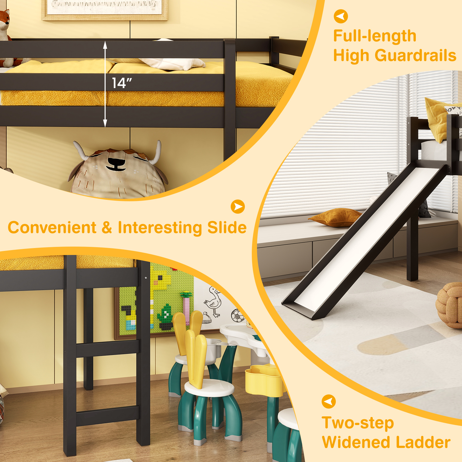 Twin Size Low Sturdy Loft Bed with Slide Wood -Dark Brown - Image 7