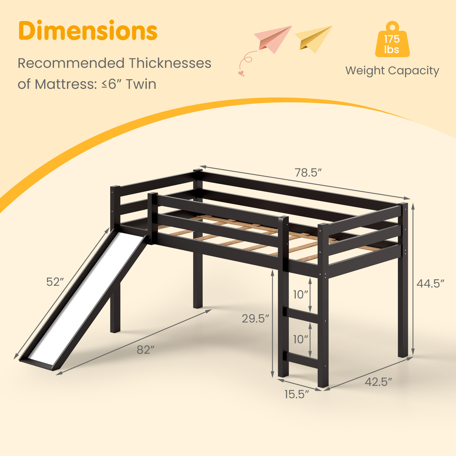Twin Size Low Sturdy Loft Bed with Slide Wood -Dark Brown - Image 3