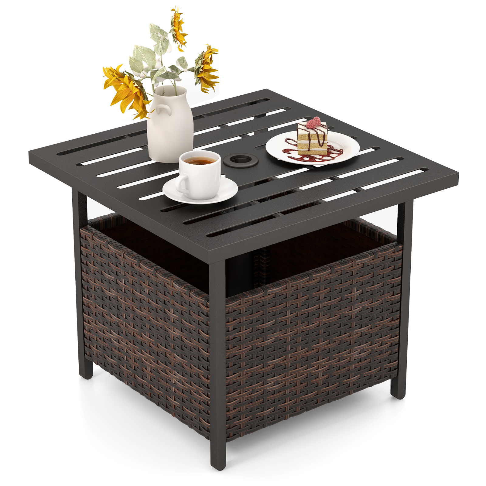 Outdoor Patio Rattan Wicker Steel Side Deck Table-Brown - Image 3