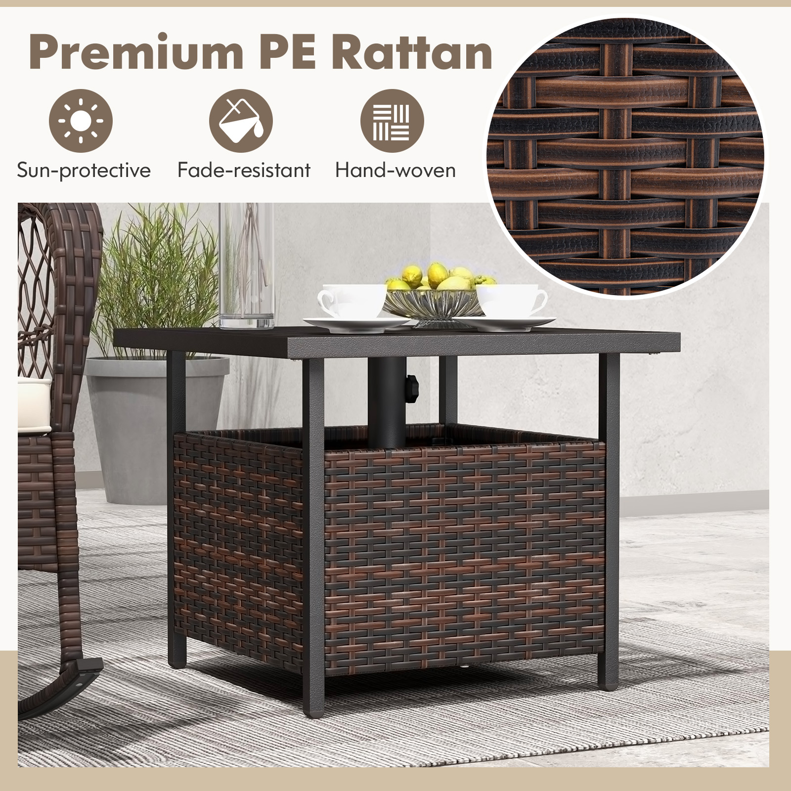 Outdoor Patio Rattan Wicker Steel Side Deck Table-Brown - Image 6