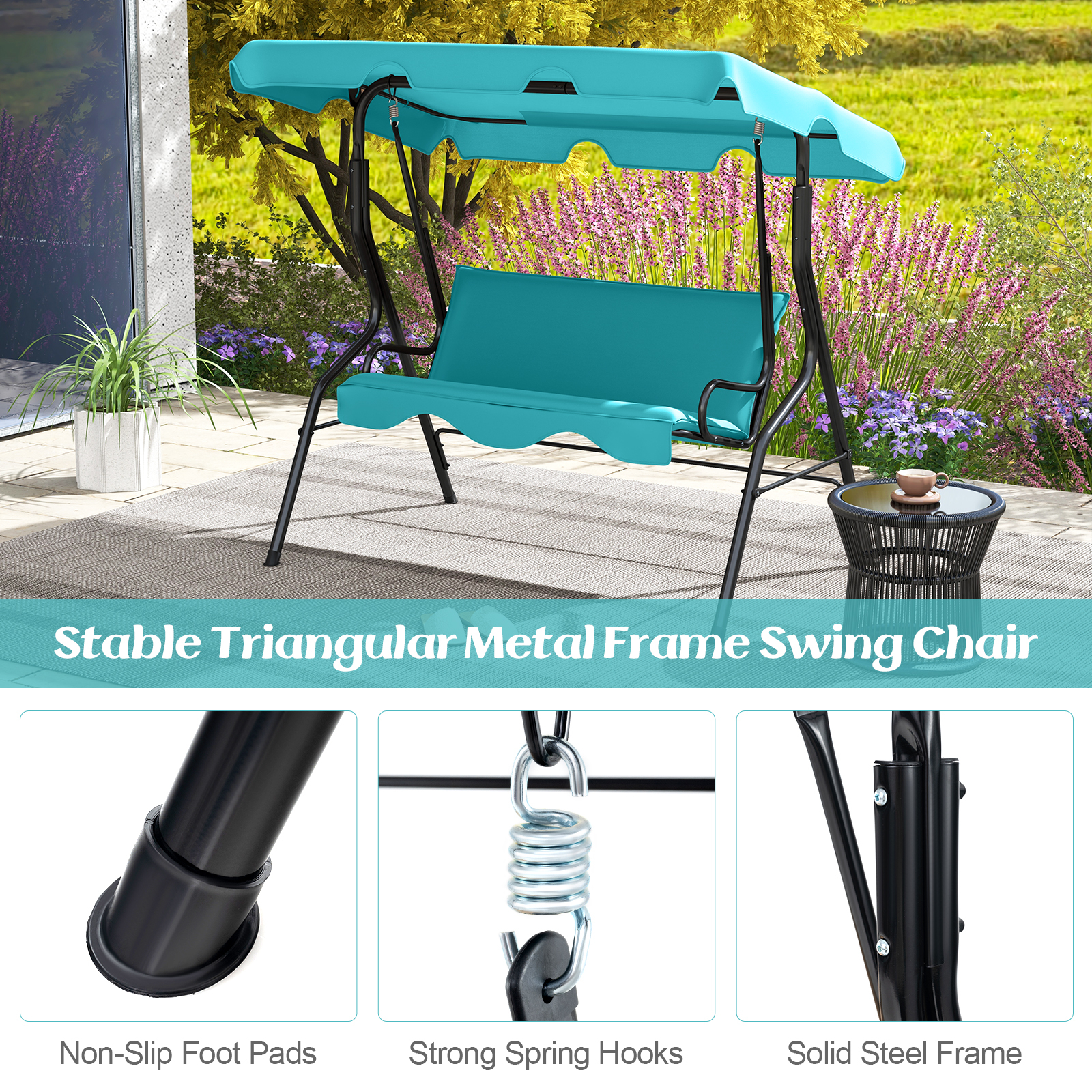 3 Seats Patio Canopy Cushioned Steel Frame Swing Glider Hammock-Blue - Image 6