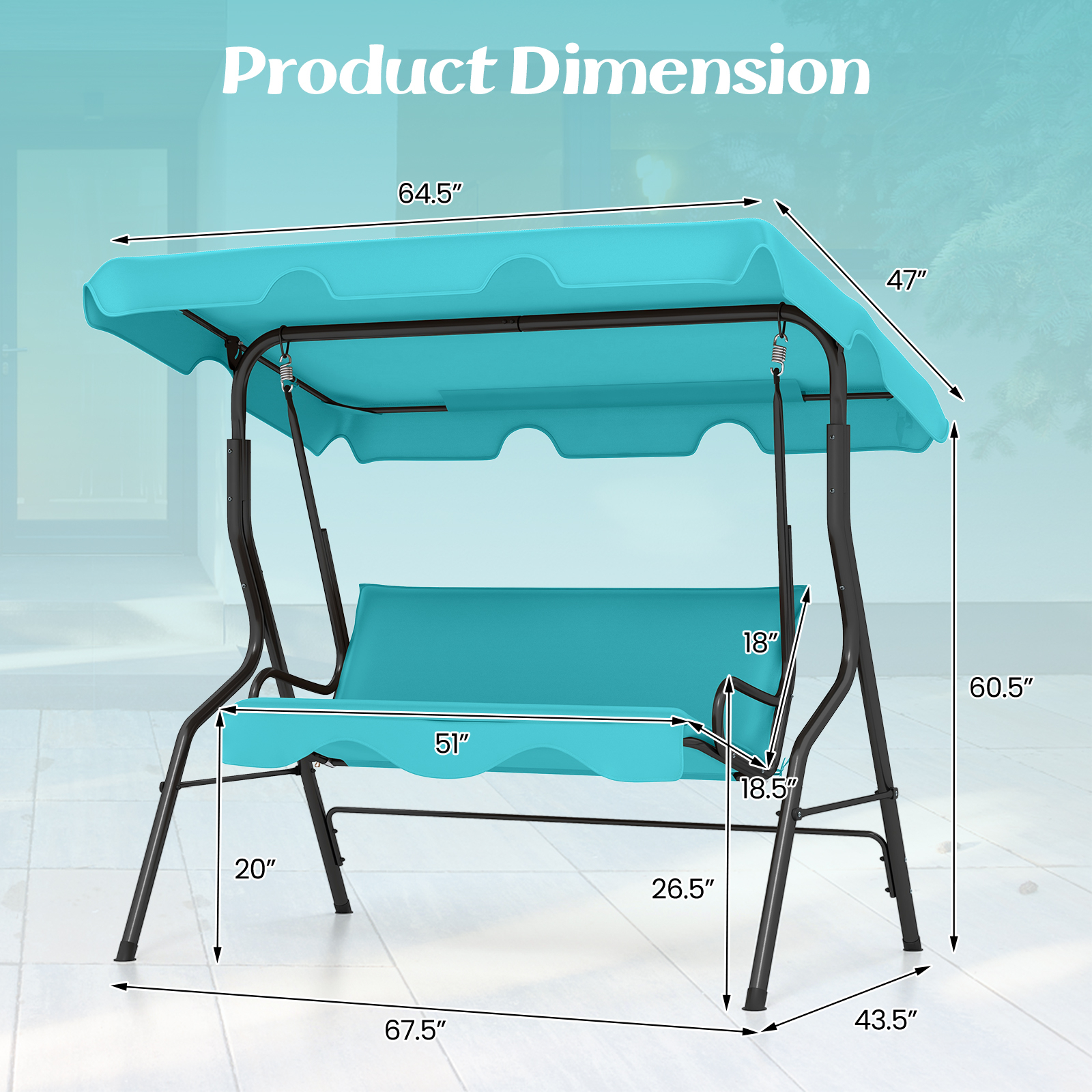 3 Seats Patio Canopy Cushioned Steel Frame Swing Glider Hammock-Blue - Image 4