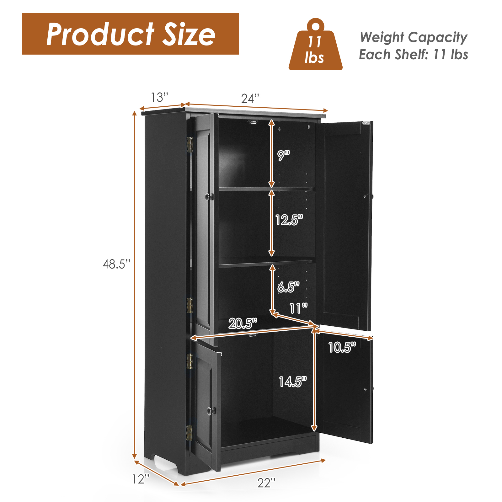 Accent Floor Storage Cabinet with Adjustable Shelves Antique 2-Door-Black - Image 4